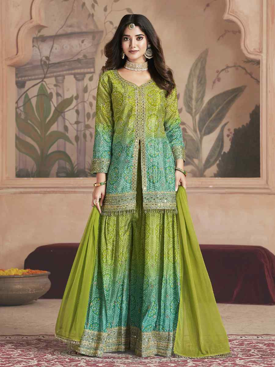 Green Premium Feel Chinnon Bhandej Print Embroidery Party Wedding Festival Casual Ready Palazzo Pant Salwar Kameez