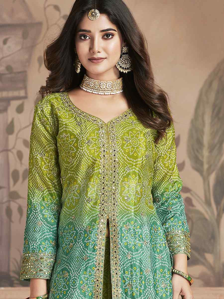 Green Premium Feel Chinnon Bhandej Print Embroidery Party Wedding Festival Casual Ready Palazzo Pant Salwar Kameez