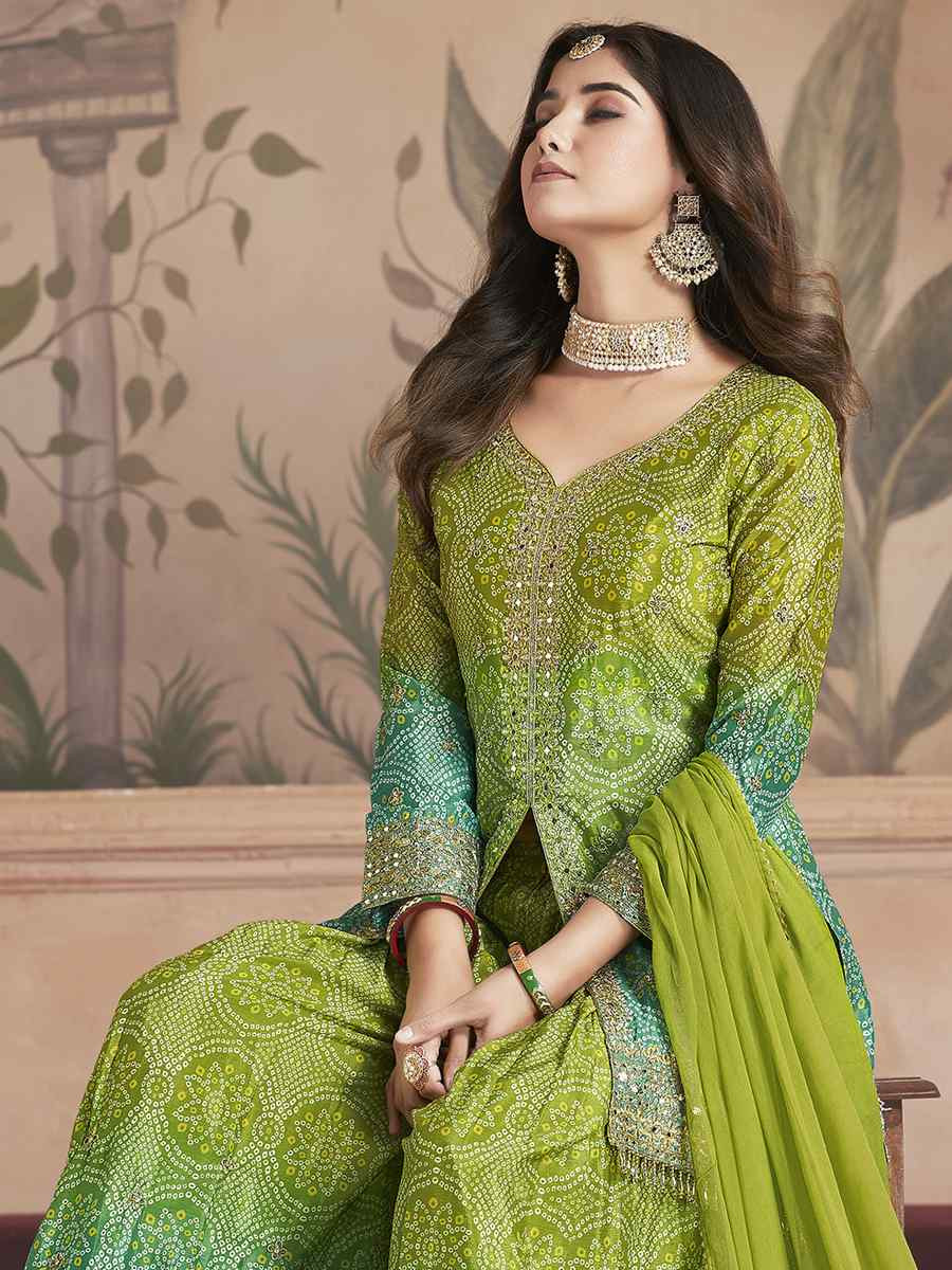 Green Premium Feel Chinnon Bhandej Print Embroidery Party Wedding Festival Casual Ready Palazzo Pant Salwar Kameez