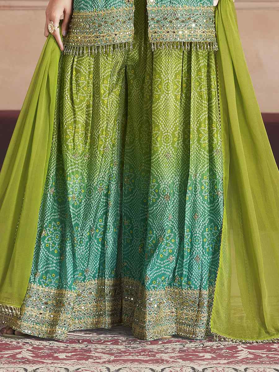 Green Premium Feel Chinnon Bhandej Print Embroidery Party Wedding Festival Casual Ready Palazzo Pant Salwar Kameez