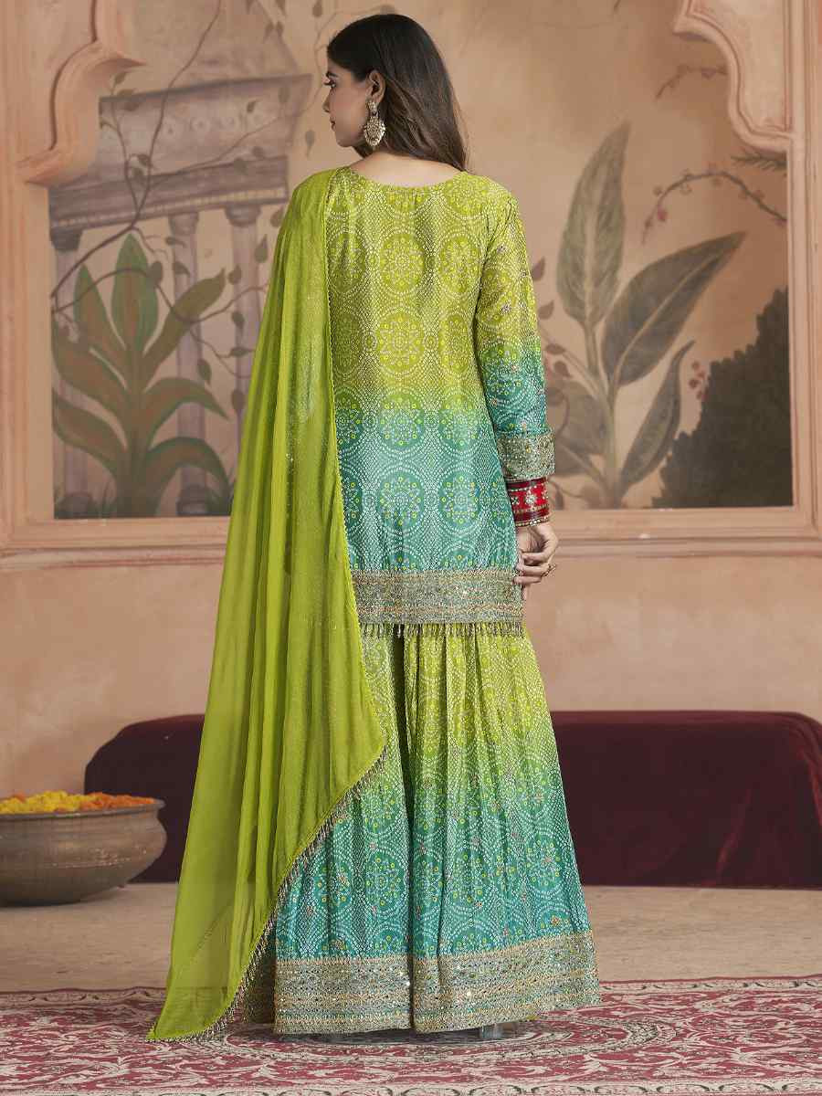 Green Premium Feel Chinnon Bhandej Print Embroidery Party Wedding Festival Casual Ready Palazzo Pant Salwar Kameez