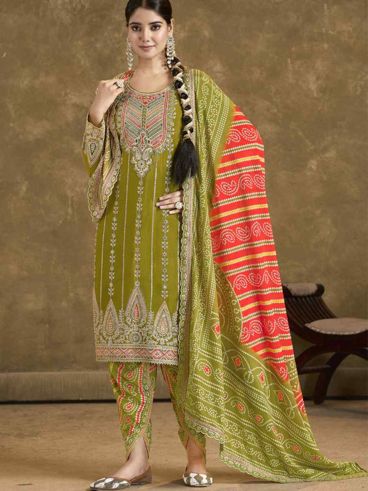 Image of Green Premium Fiber Chinnon Embroidery Party Wedding Festival Casual Ready Cape Style Salwar Kameez