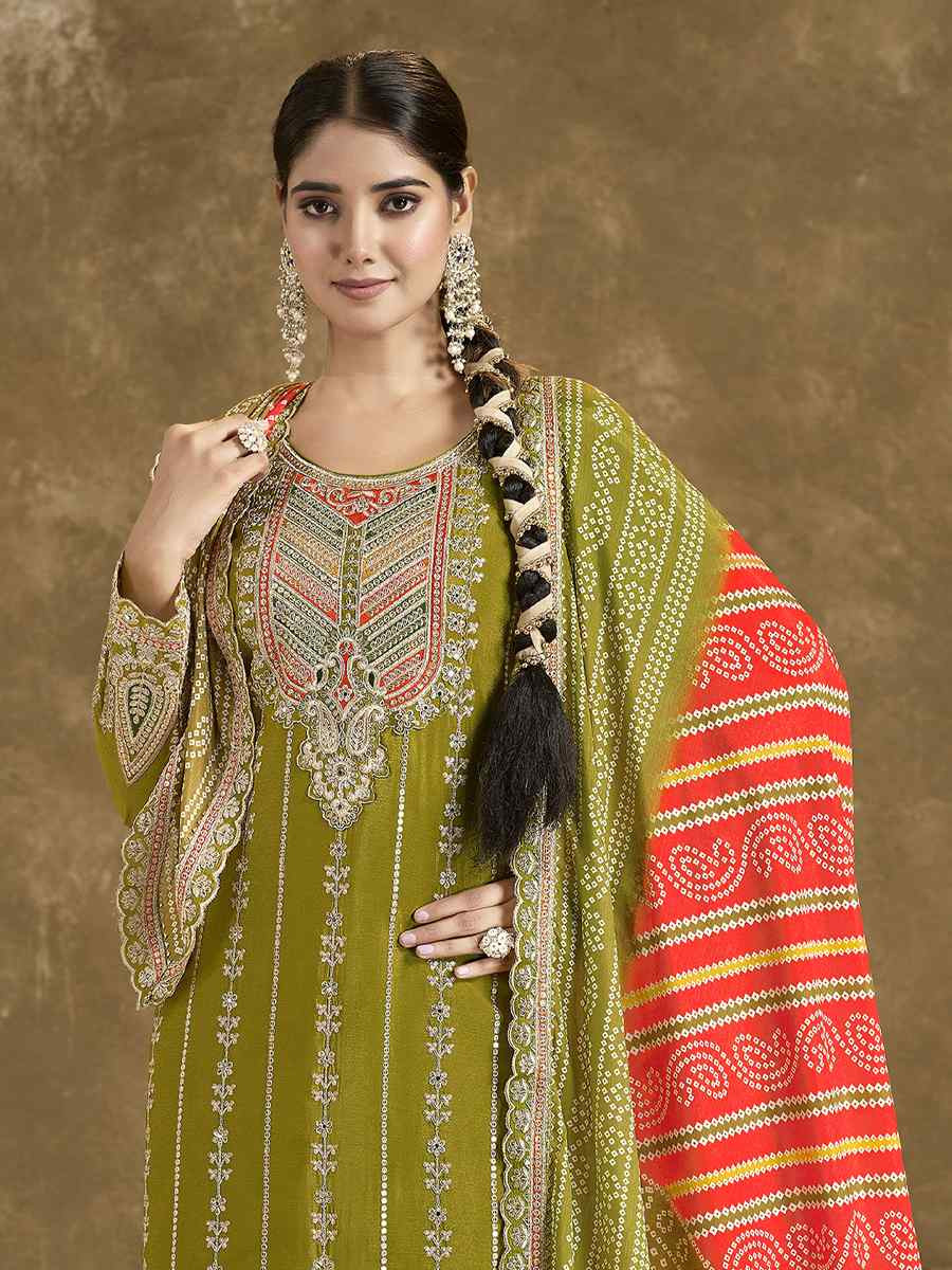Green Premium Fiber Chinnon Embroidery Party Wedding Festival Casual Ready Cape Style Salwar Kameez