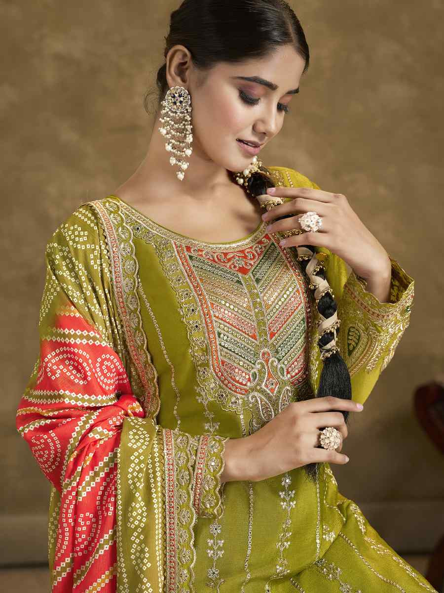 Green Premium Fiber Chinnon Embroidery Party Wedding Festival Casual Ready Cape Style Salwar Kameez