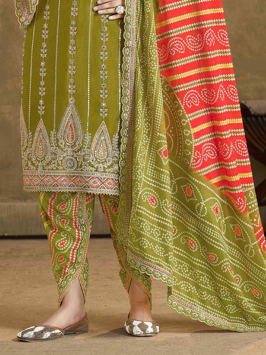 Green Premium Fiber Chinnon Embroidery Party Wedding Festival Casual Ready Cape Style Salwar Kameez
