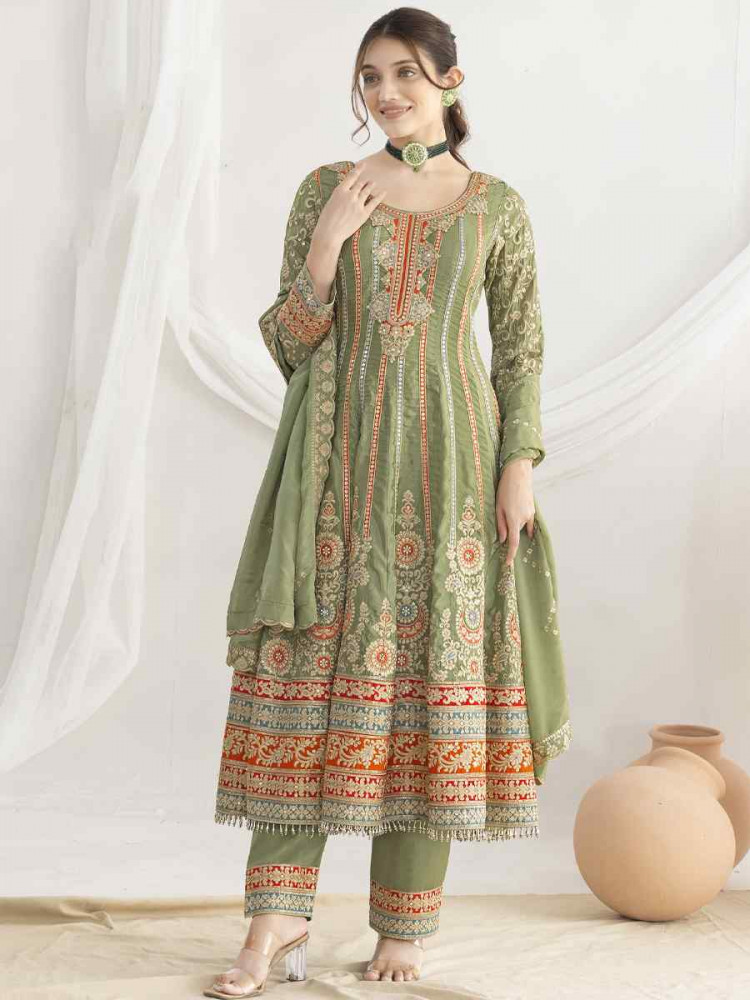 Image of Green Premium Ho Silk Embroidery Party Wedding Festival Casual Ready Anarkali Salwar Kameez
