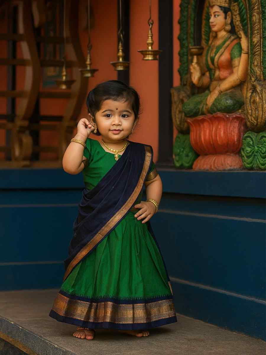 Green Premium Lichi Silk Brocade Kids Wear Wedding Festival Lehengas Girls Wear