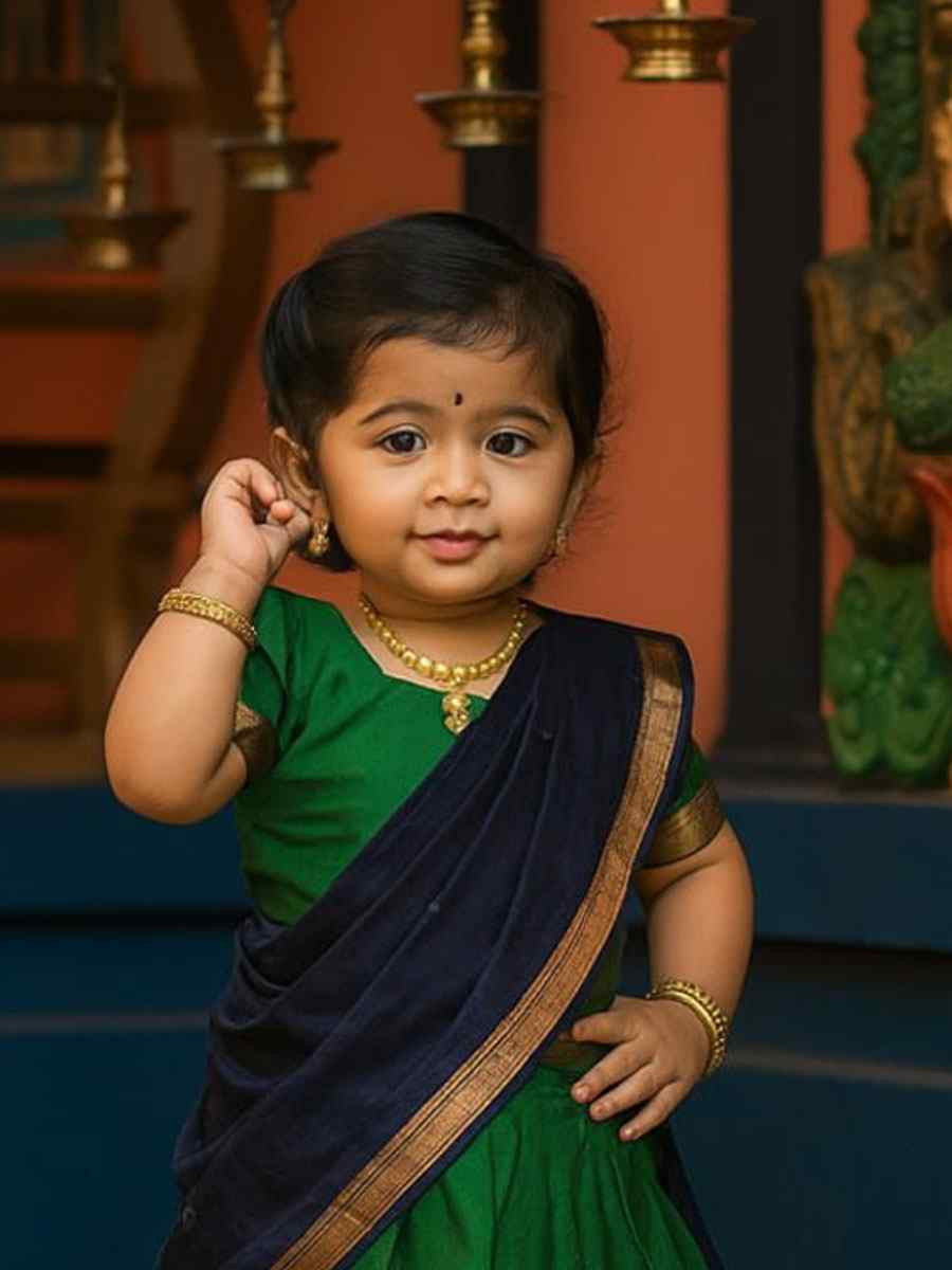 Green Premium Lichi Silk Brocade Kids Wear Wedding Festival Lehengas Girls Wear