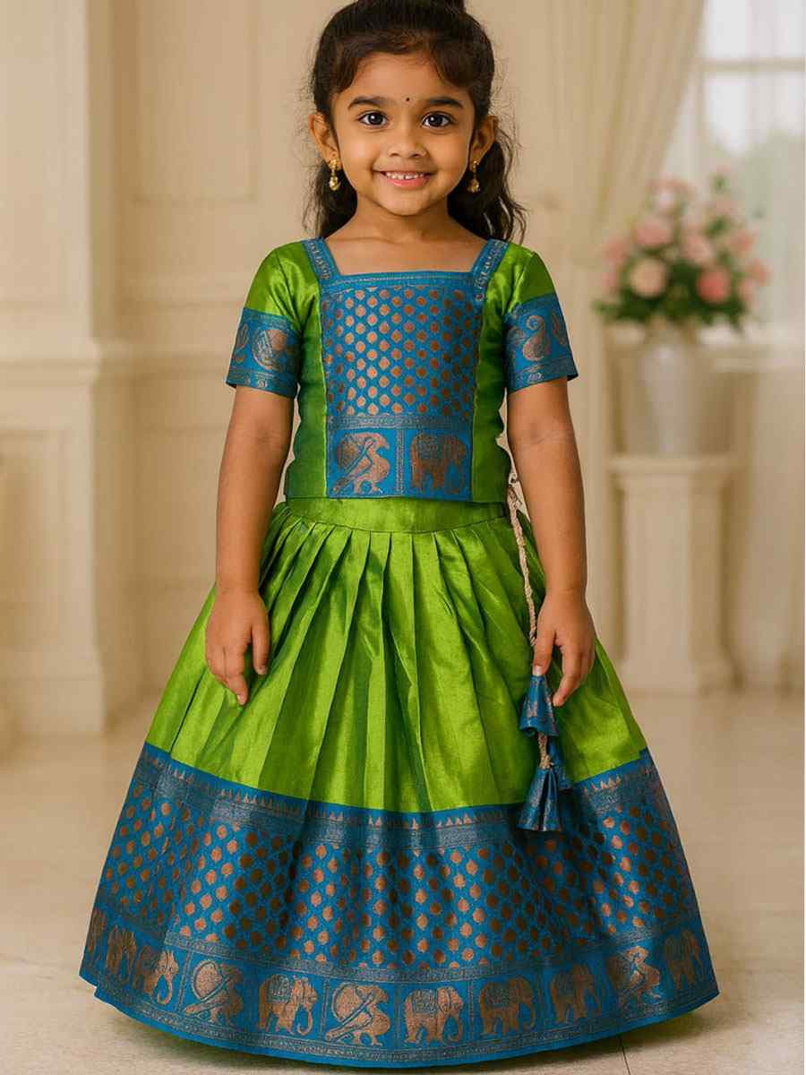 Green Premium Linen Brocade Kids Wear Wedding Festival Lehengas Girls Wear