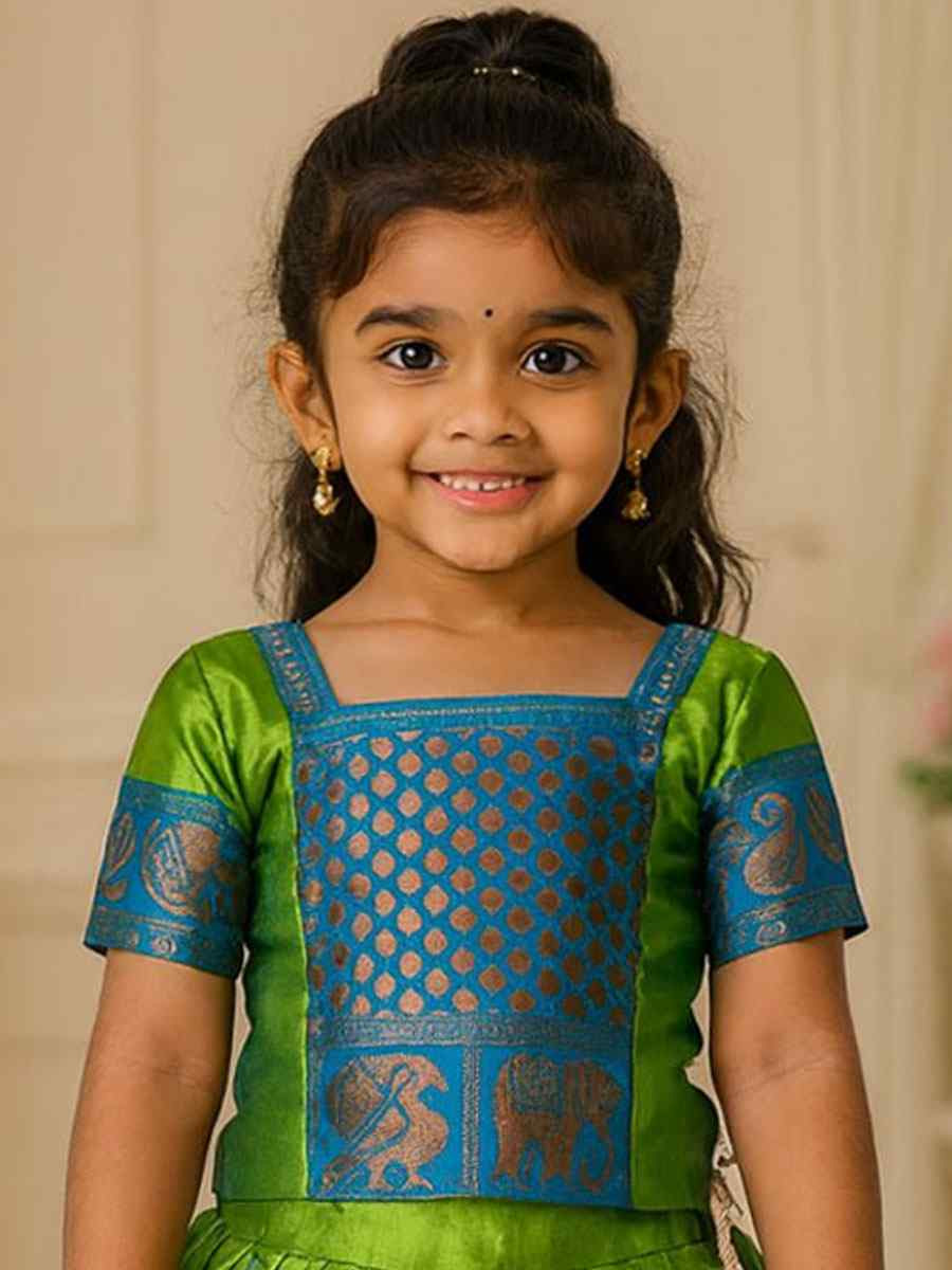 Green Premium Linen Brocade Kids Wear Wedding Festival Lehengas Girls Wear