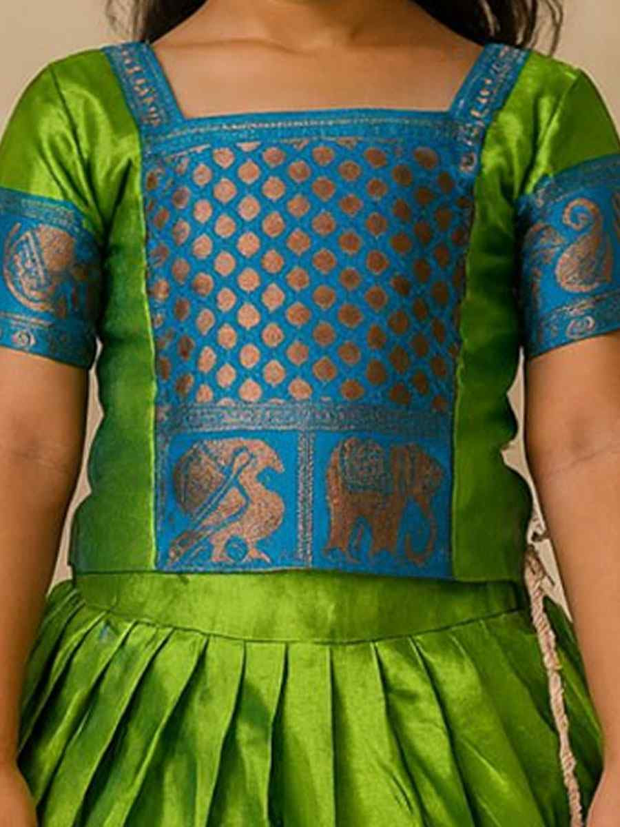 Green Premium Linen Brocade Kids Wear Wedding Festival Lehengas Girls Wear