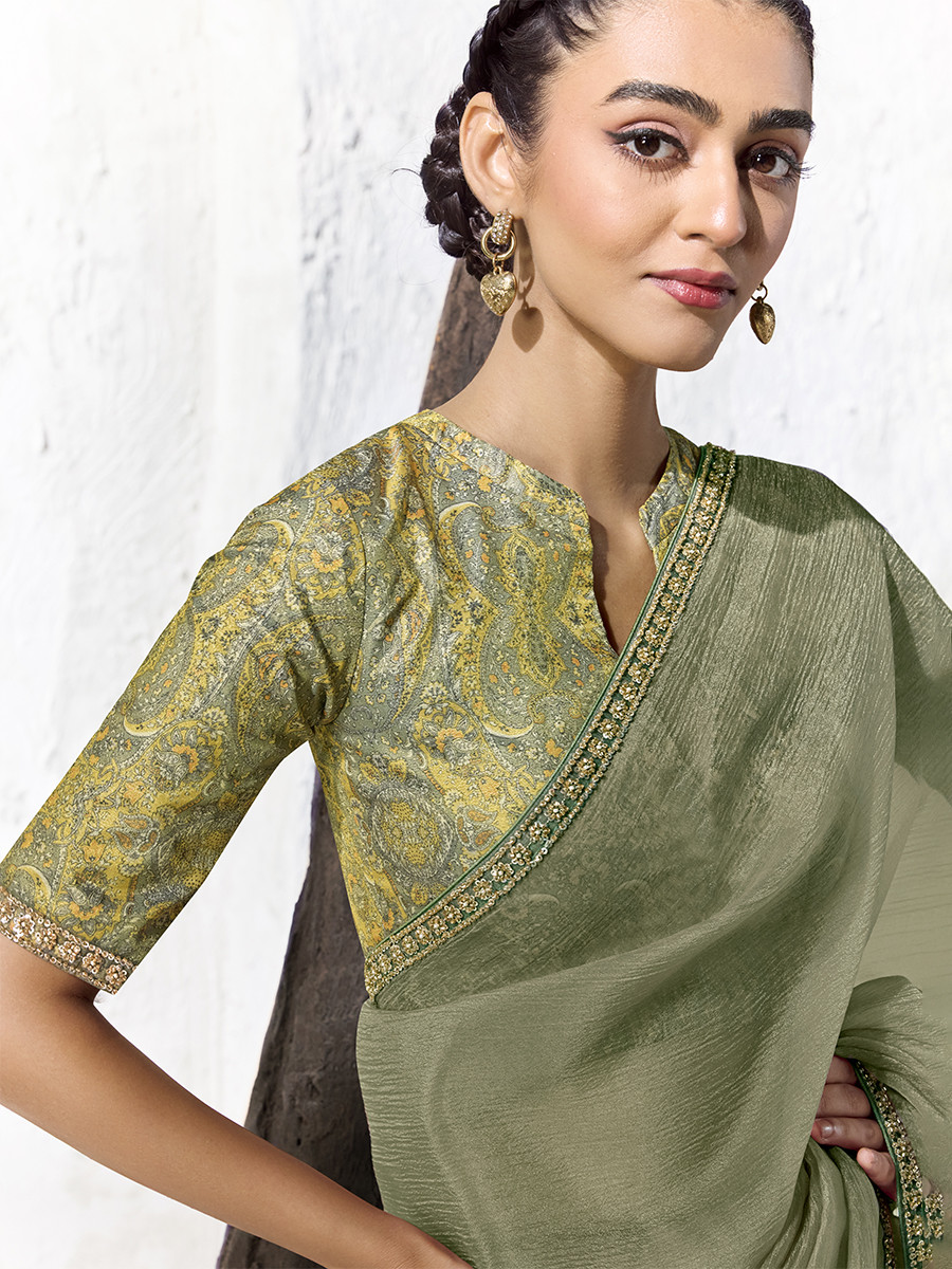 Green Premium Luxe Silk Organza Embroidery Sequins Wedding Reception Party Festival Casual Heavy Border Sarees