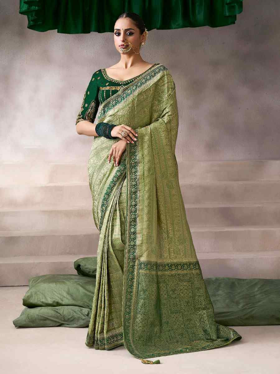 Green Premium Pure Crepe Zari Handwoven Embroidery Bridal Reception Festival Wedding Fancy Heavy Border Sarees