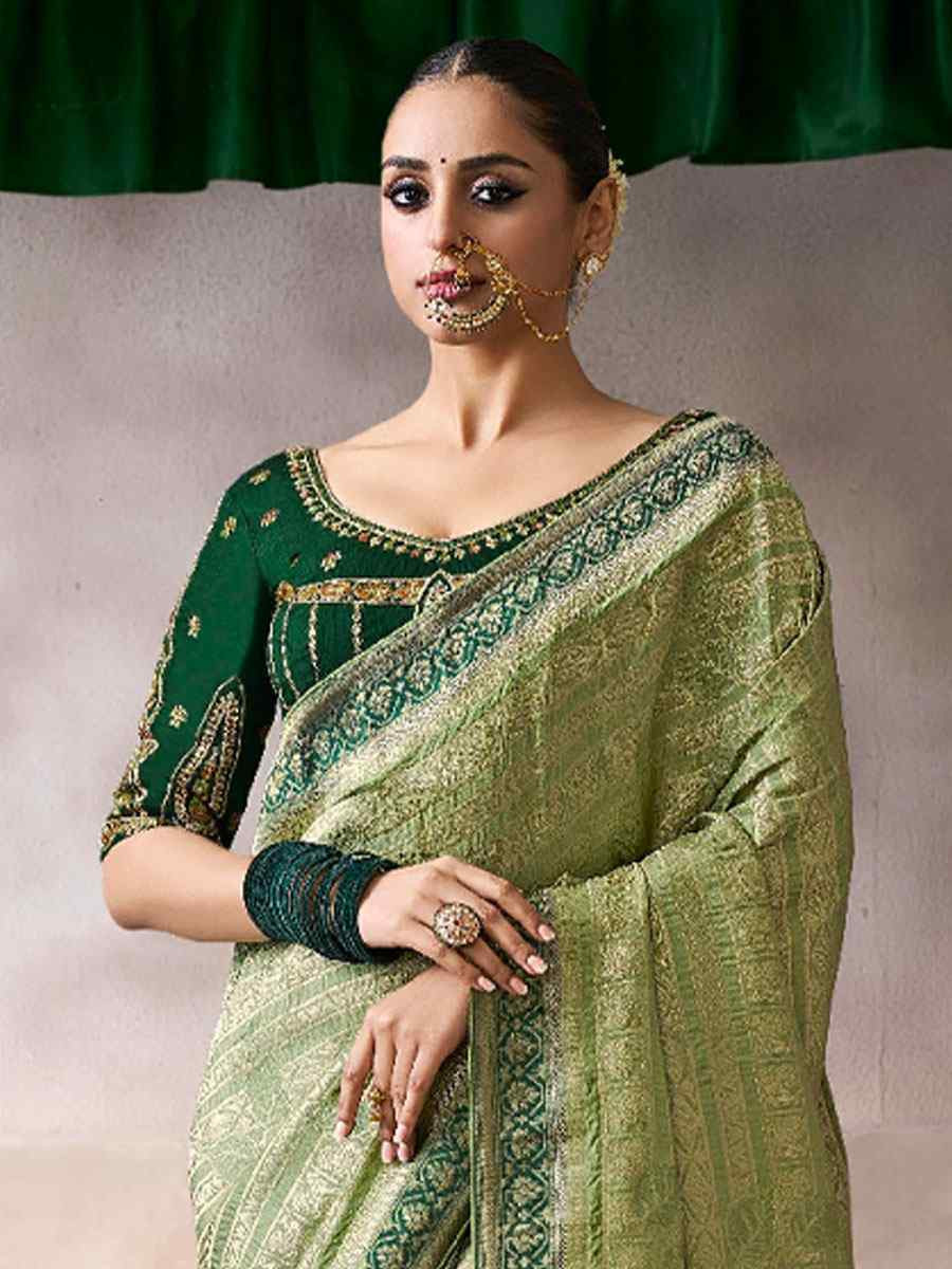 Green Premium Pure Crepe Zari Handwoven Embroidery Bridal Reception Festival Wedding Fancy Heavy Border Sarees