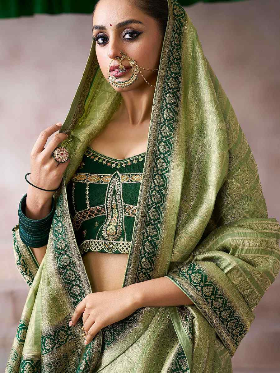 Green Premium Pure Crepe Zari Handwoven Embroidery Bridal Reception Festival Wedding Fancy Heavy Border Sarees