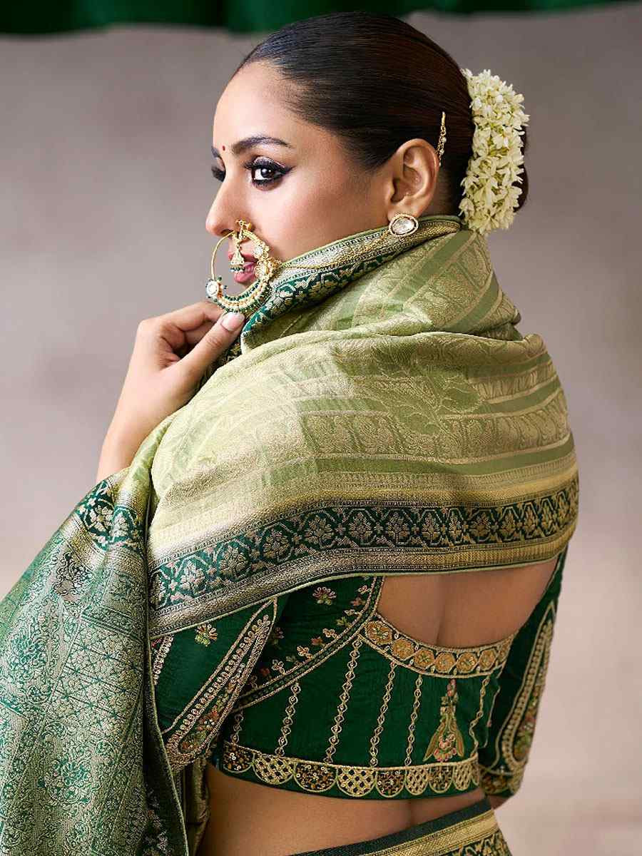 Green Premium Pure Crepe Zari Handwoven Embroidery Bridal Reception Festival Wedding Fancy Heavy Border Sarees