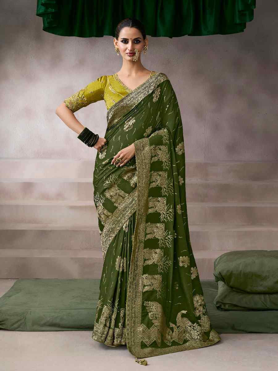 Green Premium Pure Crepe Zari Handwoven Embroidery Bridal Reception Festival Wedding Fancy Heavy Border Sarees