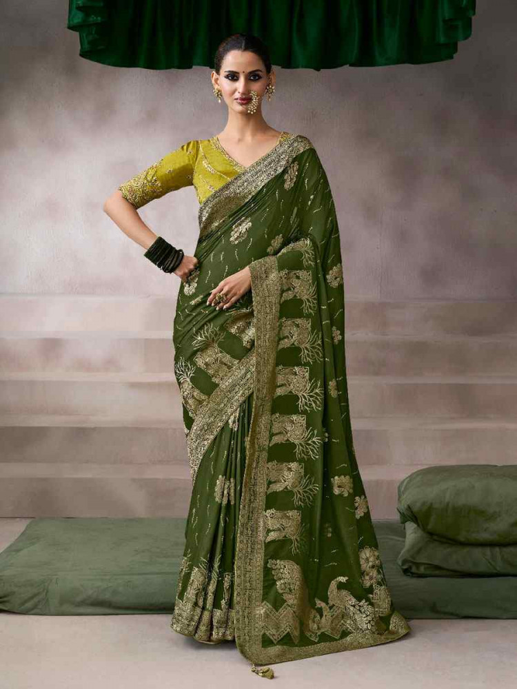 Image of Green Premium Pure Crepe Zari Handwoven Embroidery Bridal Reception Festival Wedding Fancy Heavy Border Sarees