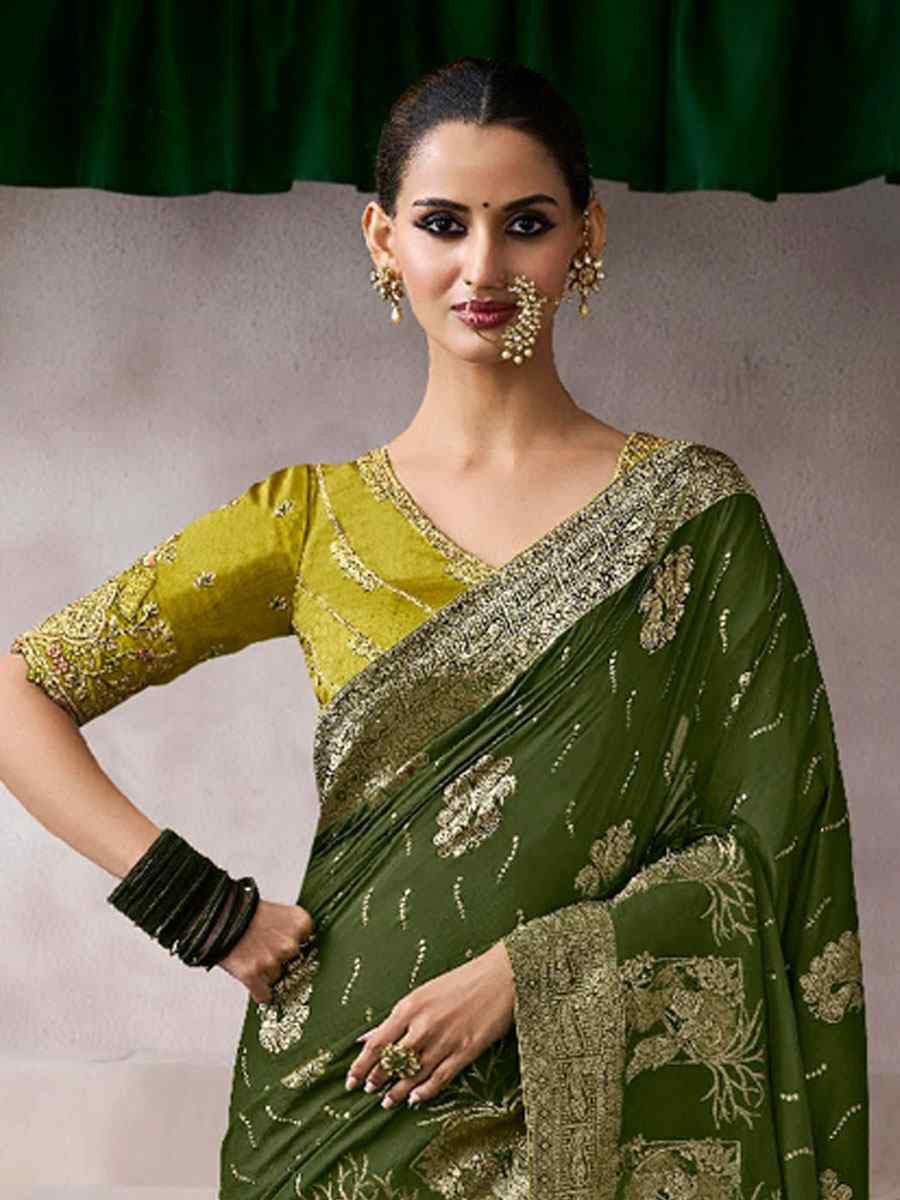 Green Premium Pure Crepe Zari Handwoven Embroidery Bridal Reception Festival Wedding Fancy Heavy Border Sarees