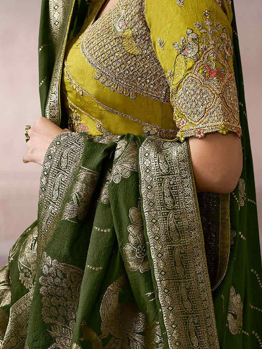 Green Premium Pure Crepe Zari Handwoven Embroidery Bridal Reception Festival Wedding Fancy Heavy Border Sarees