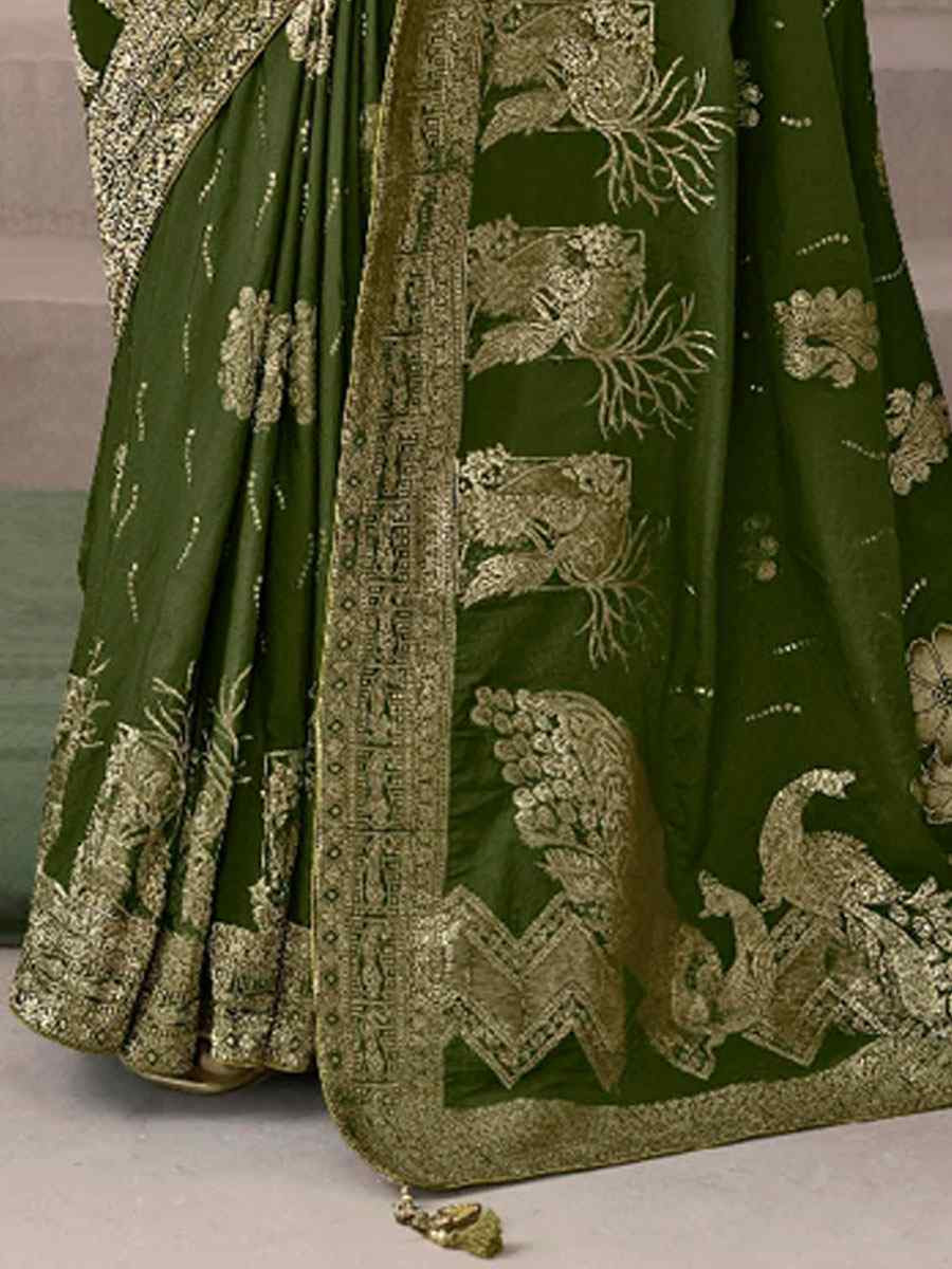 Green Premium Pure Crepe Zari Handwoven Embroidery Bridal Reception Festival Wedding Fancy Heavy Border Sarees