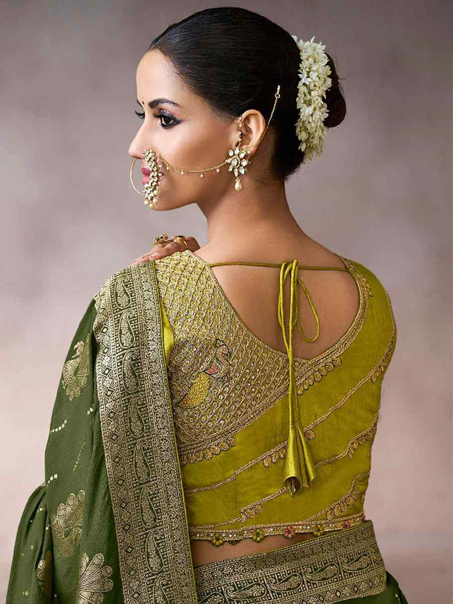 Green Premium Pure Crepe Zari Handwoven Embroidery Bridal Reception Festival Wedding Fancy Heavy Border Sarees