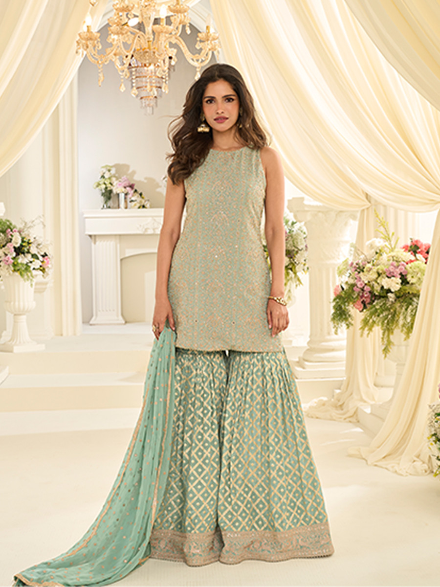 Green Premium Real Georgette Embroidery Sequins Zari Wedding Party Festival Ready Sharara Pant Salwar Kameez