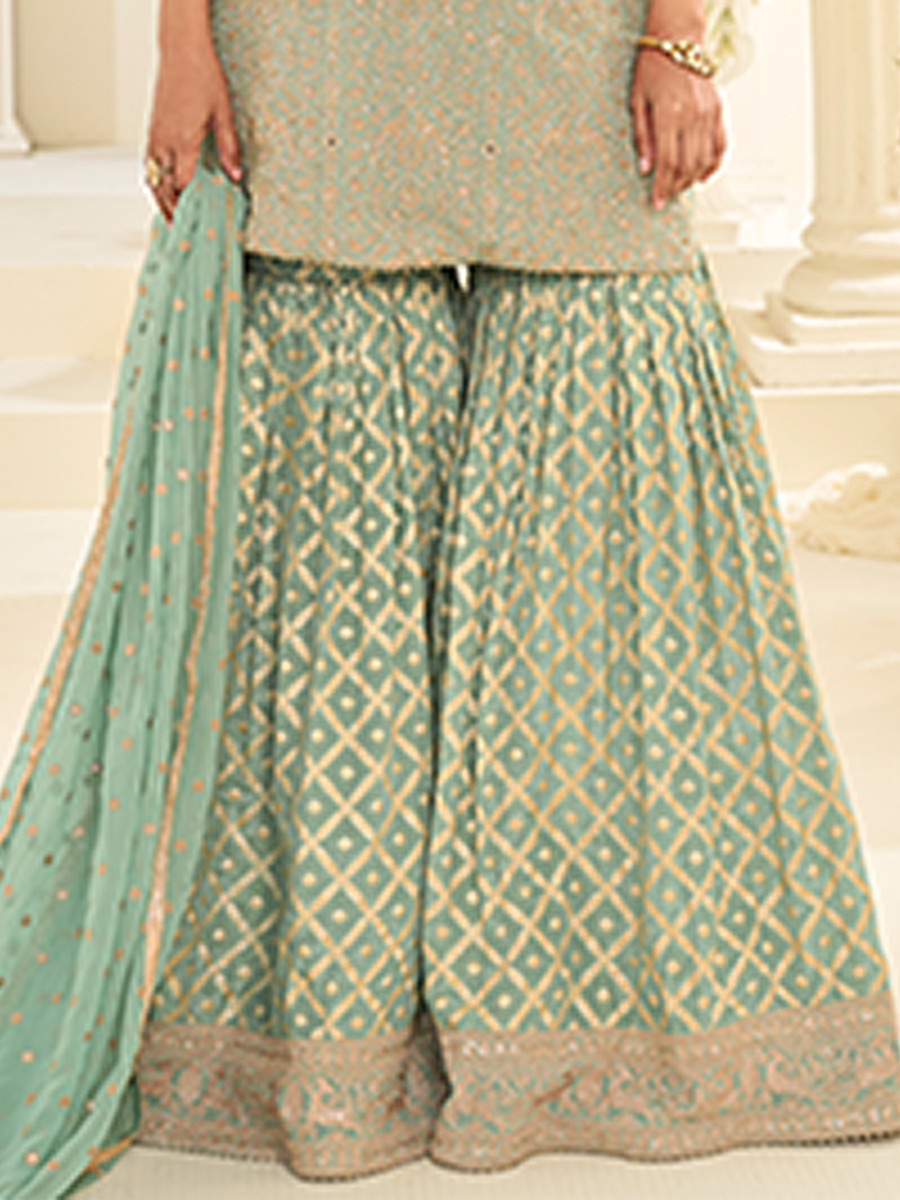 Green Premium Real Georgette Embroidery Sequins Zari Wedding Party Festival Ready Sharara Pant Salwar Kameez