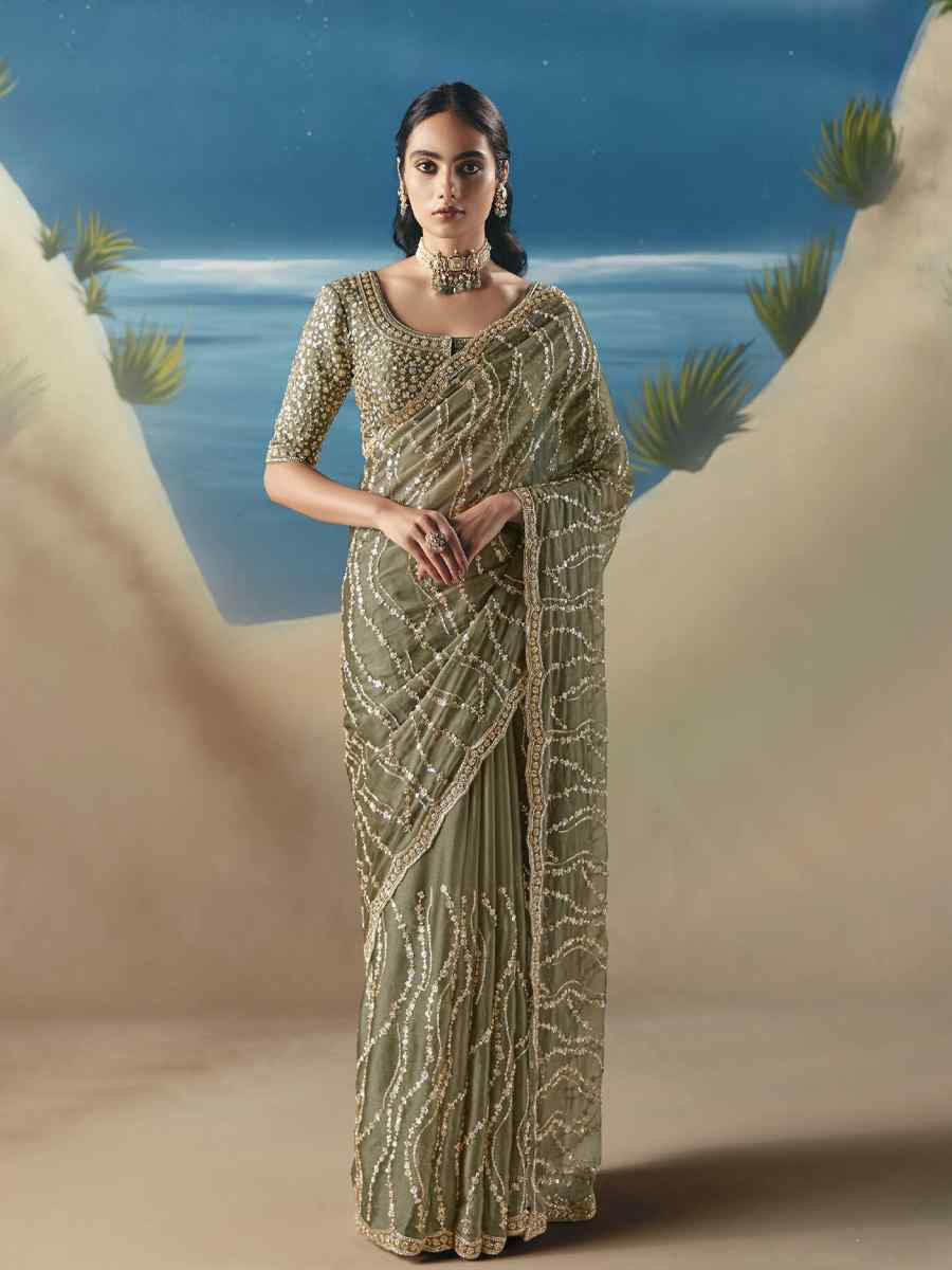 Green Premium Satin Organza Embroidery Traditional Bridal Reception Festival Wedding Fancy Heavy Border Saree