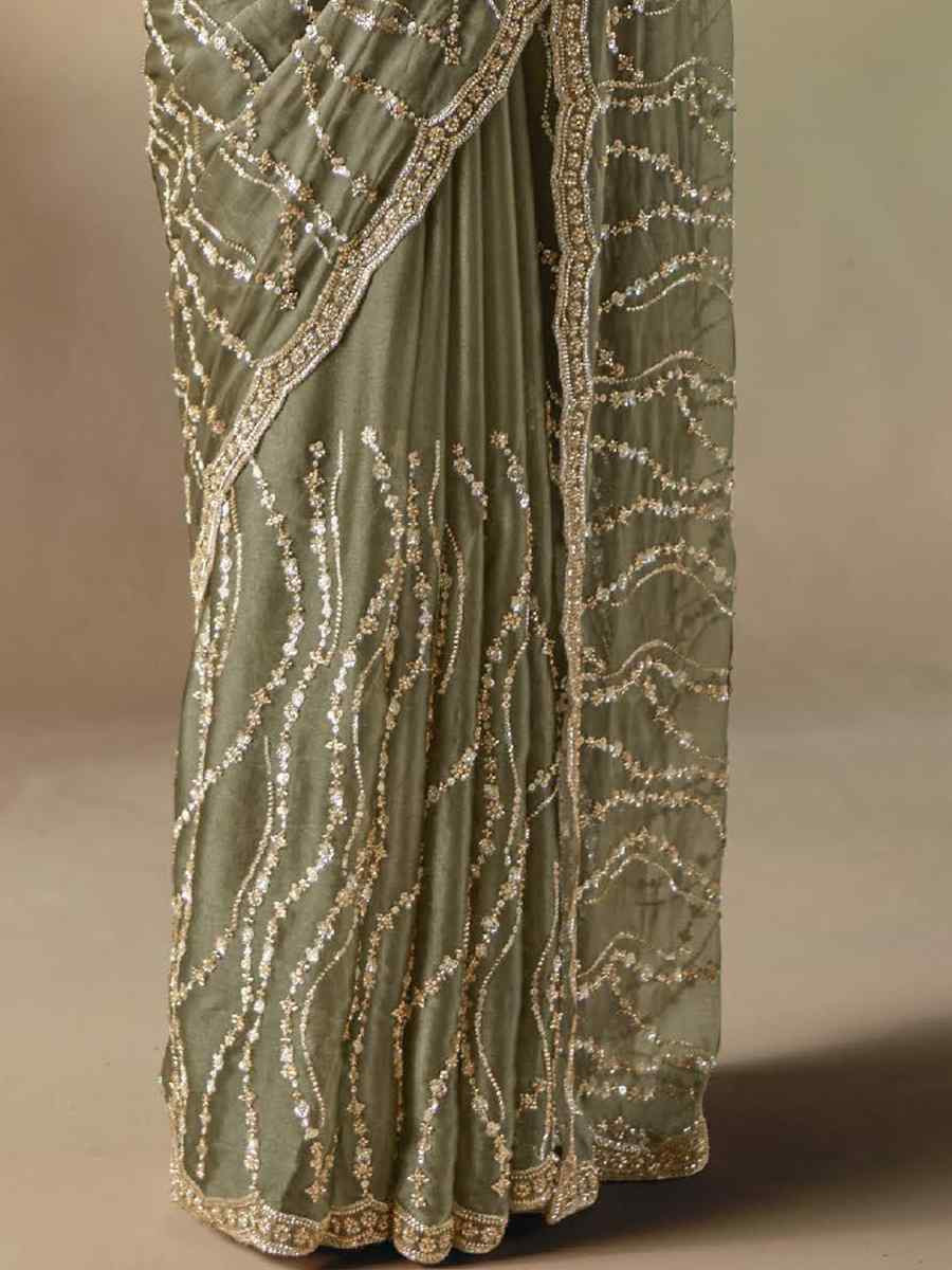 Green Premium Satin Organza Embroidery Traditional Bridal Reception Festival Wedding Fancy Heavy Border Saree