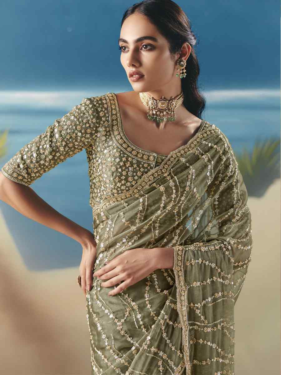 Green Premium Satin Organza Embroidery Traditional Bridal Reception Festival Wedding Fancy Heavy Border Saree