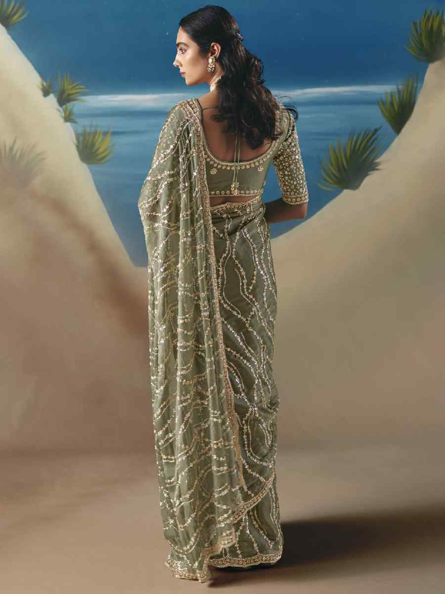 Green Premium Satin Organza Embroidery Traditional Bridal Reception Festival Wedding Fancy Heavy Border Saree