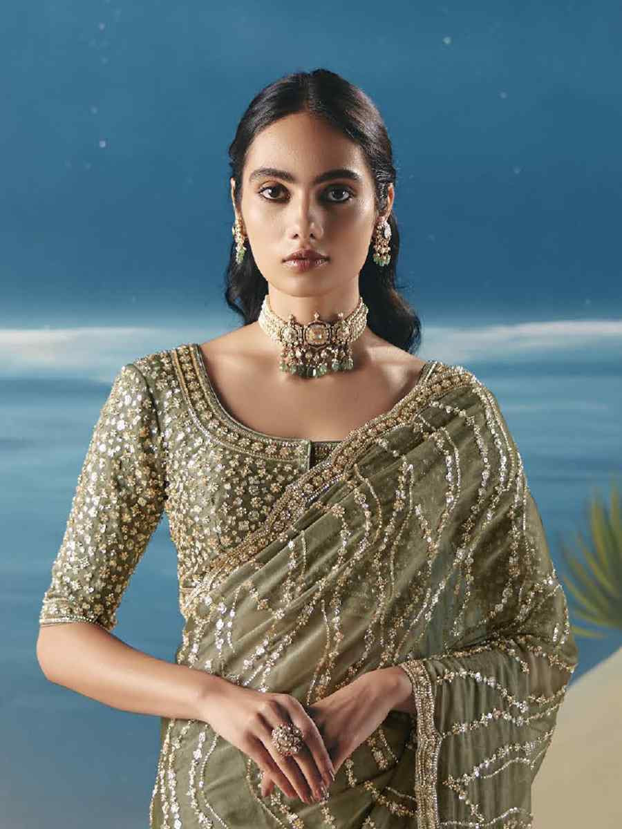 Green Premium Satin Organza Embroidery Traditional Bridal Reception Festival Wedding Fancy Heavy Border Saree