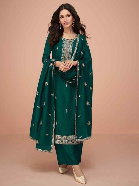 Green Premium Silk Embroidered Casual Festival Pant Salwar Kameez