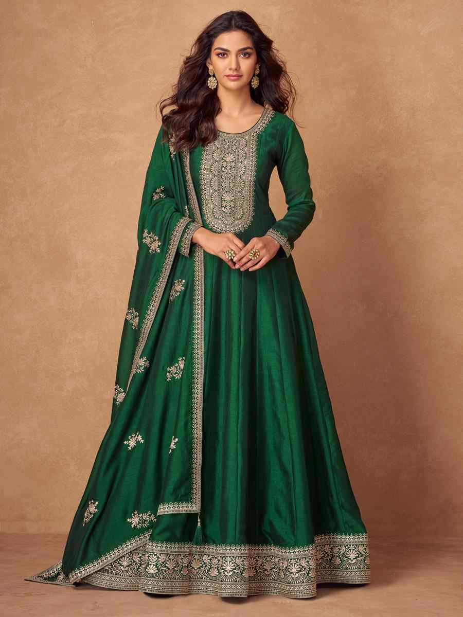 Green Premium Silk Embroidered Festival Casual Gown