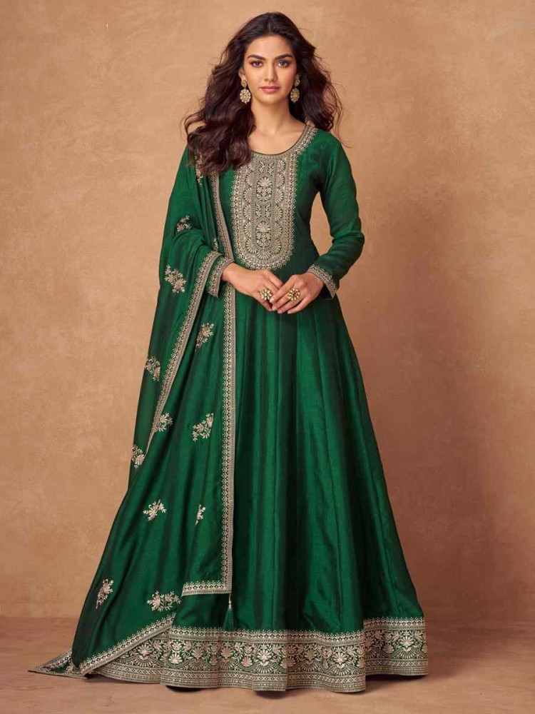 Green Premium Silk Embroidered Festival Casual Gown