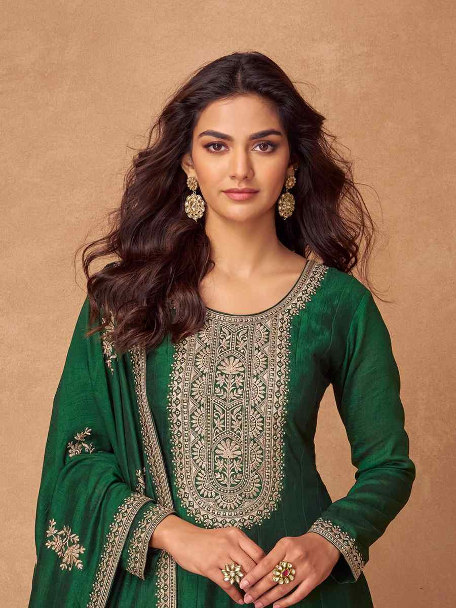 Green Premium Silk Embroidered Festival Casual Gown