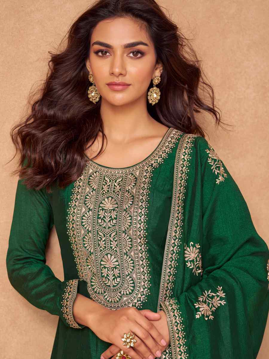 Green Premium Silk Embroidered Festival Casual Gown