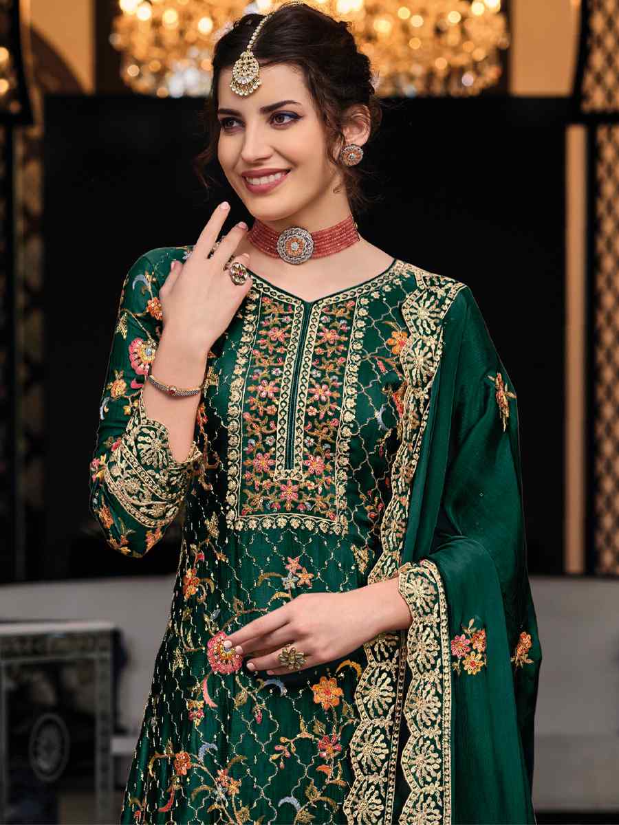 Green Premium Silk Embroidered Festival Wedding Palazzo Pant Salwar Kameez