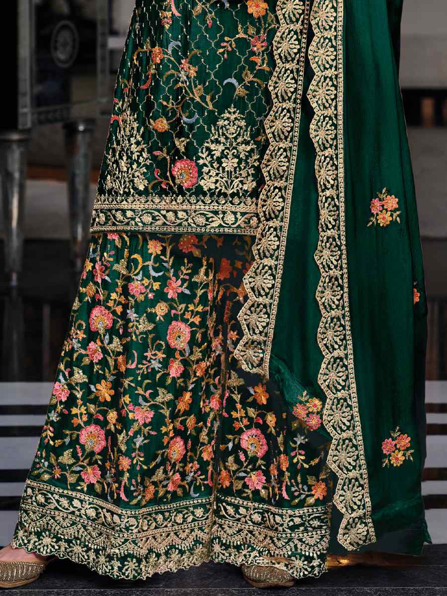 Green Premium Silk Embroidered Festival Wedding Palazzo Pant Salwar Kameez