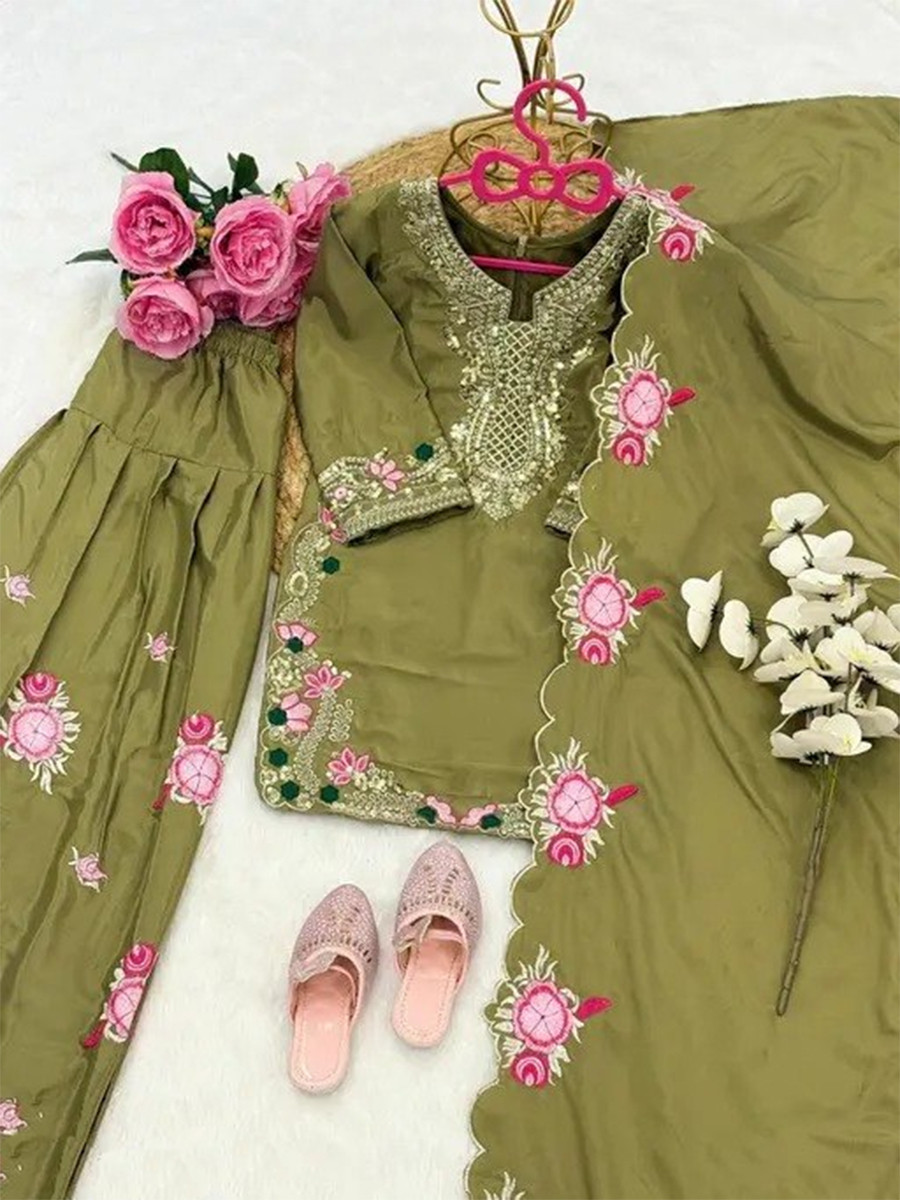 Green Premium Silk Embroidered Sequins Ethnic Casual Festival Party Wedding Salwars Girls Wear