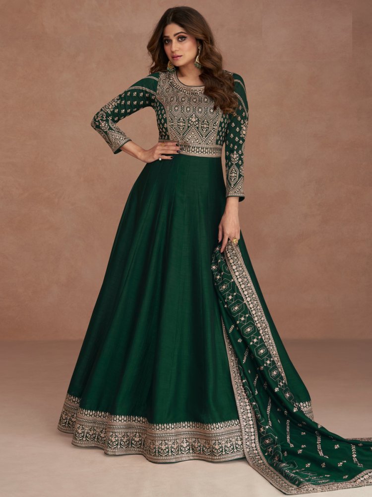 Green Premium Silk Embroidered Wedding Party Anarkali Bollywood Style Salwar Kameez