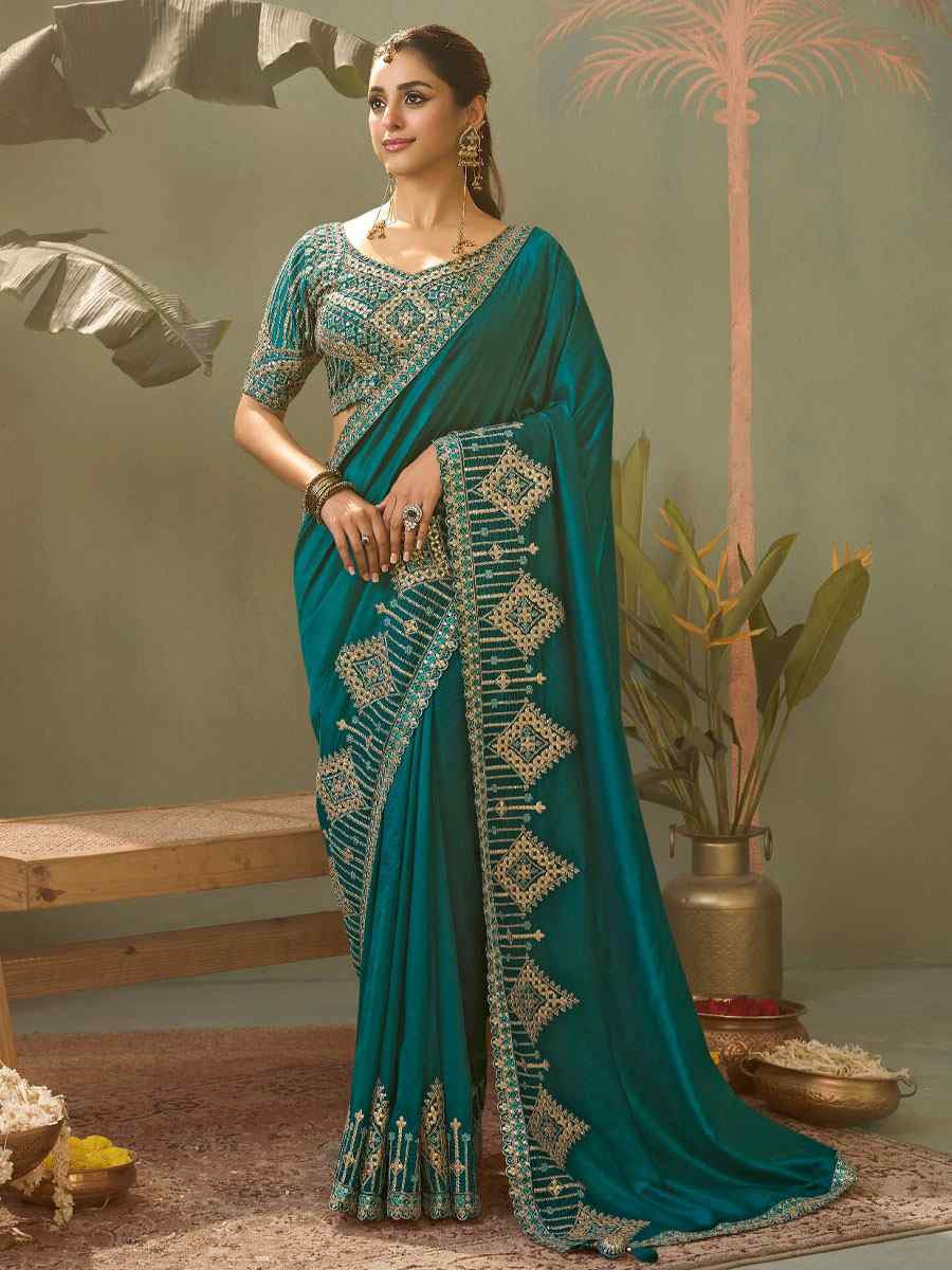Green Premium Silk Embroidery Festival Wedding Fancy Classic Heavy Border Saree