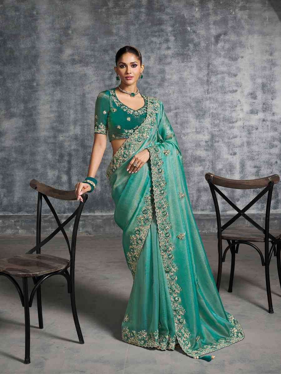 Green Premium Tissue Silk Embroidery Traditional Casual Reception Festival Wedding Fancy Heavy Border Saree