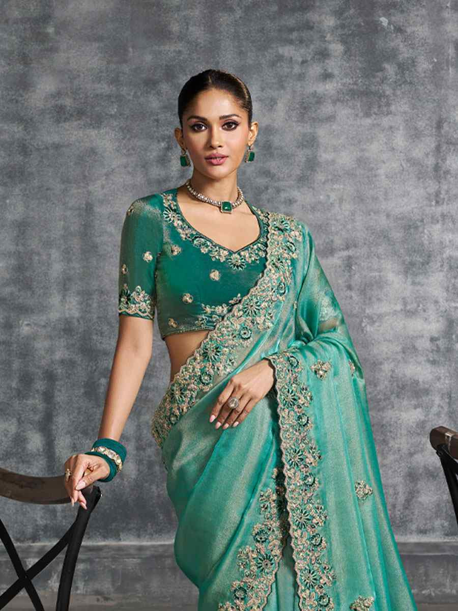 Green Premium Tissue Silk Embroidery Traditional Casual Reception Festival Wedding Fancy Heavy Border Saree