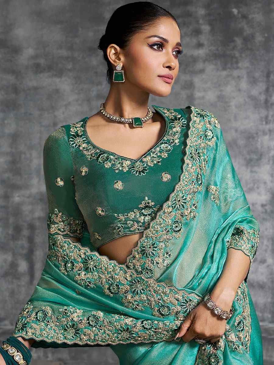 Green Premium Tissue Silk Embroidery Traditional Casual Reception Festival Wedding Fancy Heavy Border Saree