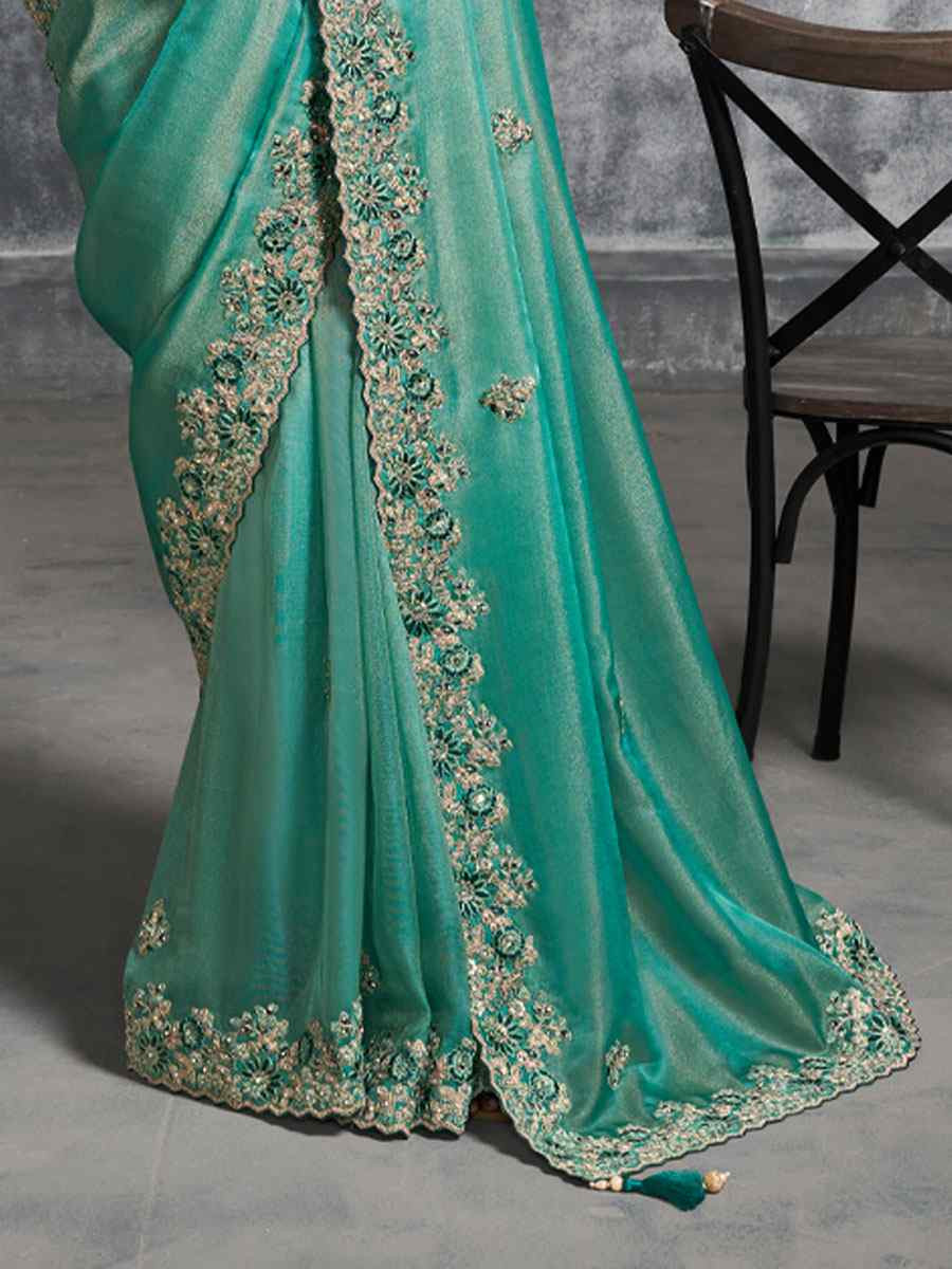 Green Premium Tissue Silk Embroidery Traditional Casual Reception Festival Wedding Fancy Heavy Border Saree
