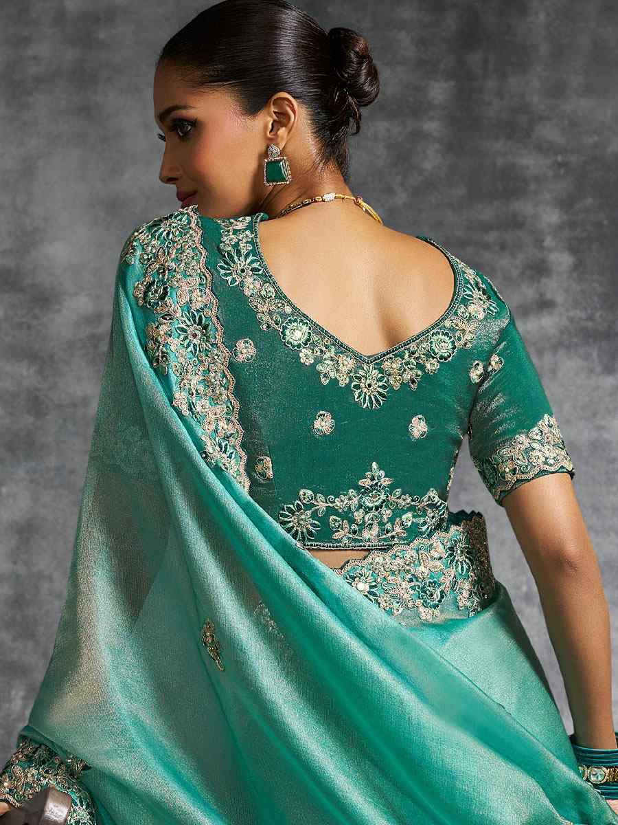 Green Premium Tissue Silk Embroidery Traditional Casual Reception Festival Wedding Fancy Heavy Border Saree