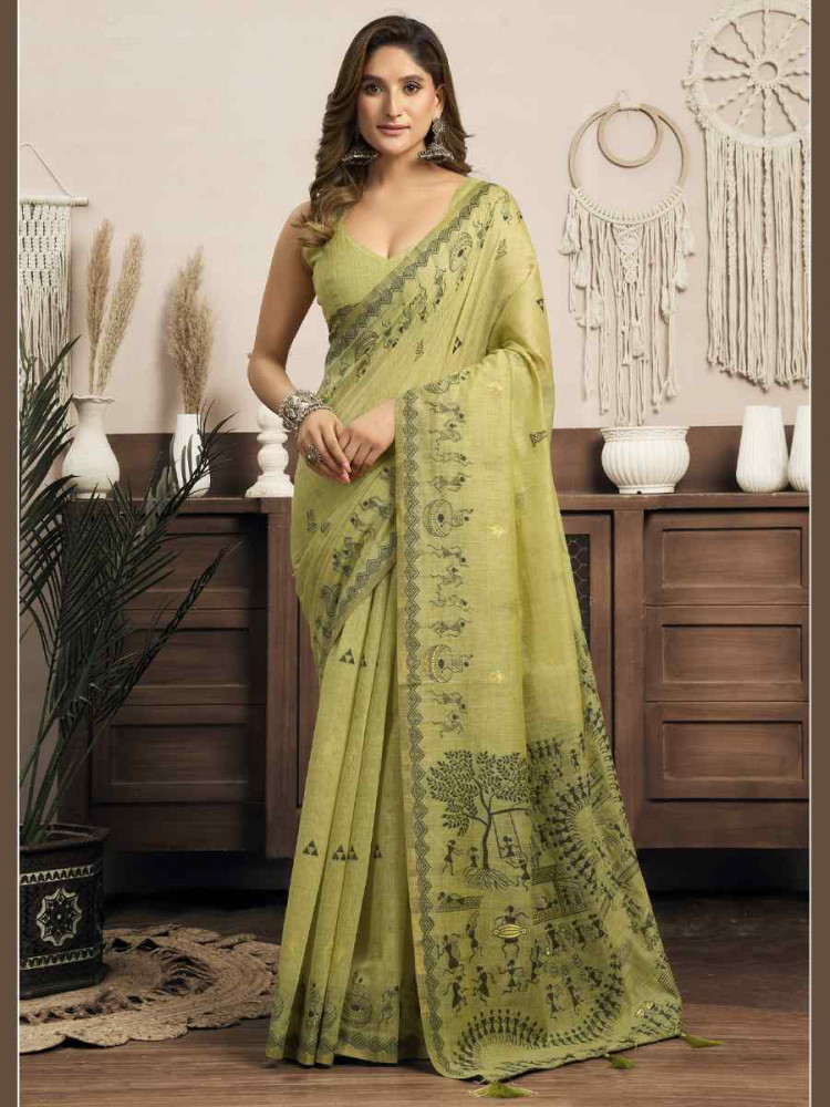 Image of Green Printed Casual Reception Festival Wedding Fancy Heavy Border Sarees