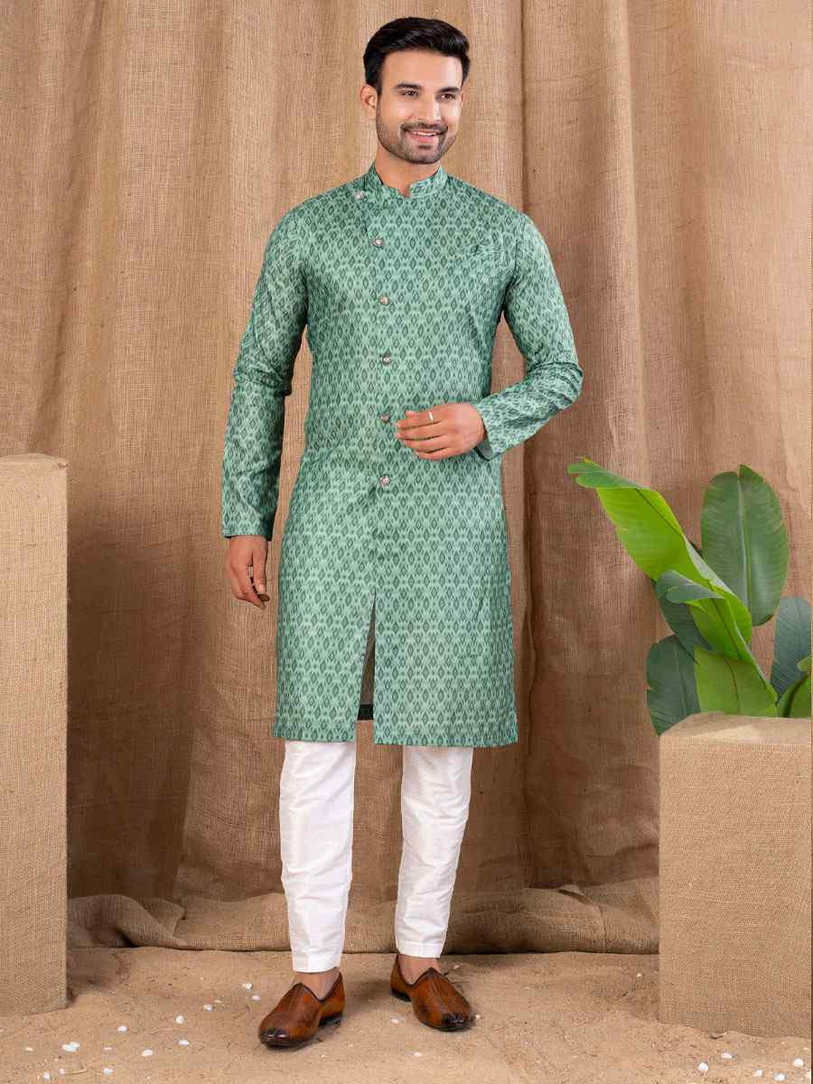 Green Printed Cotton Silk Embroidery Festival Wedding Party Mens Kurta